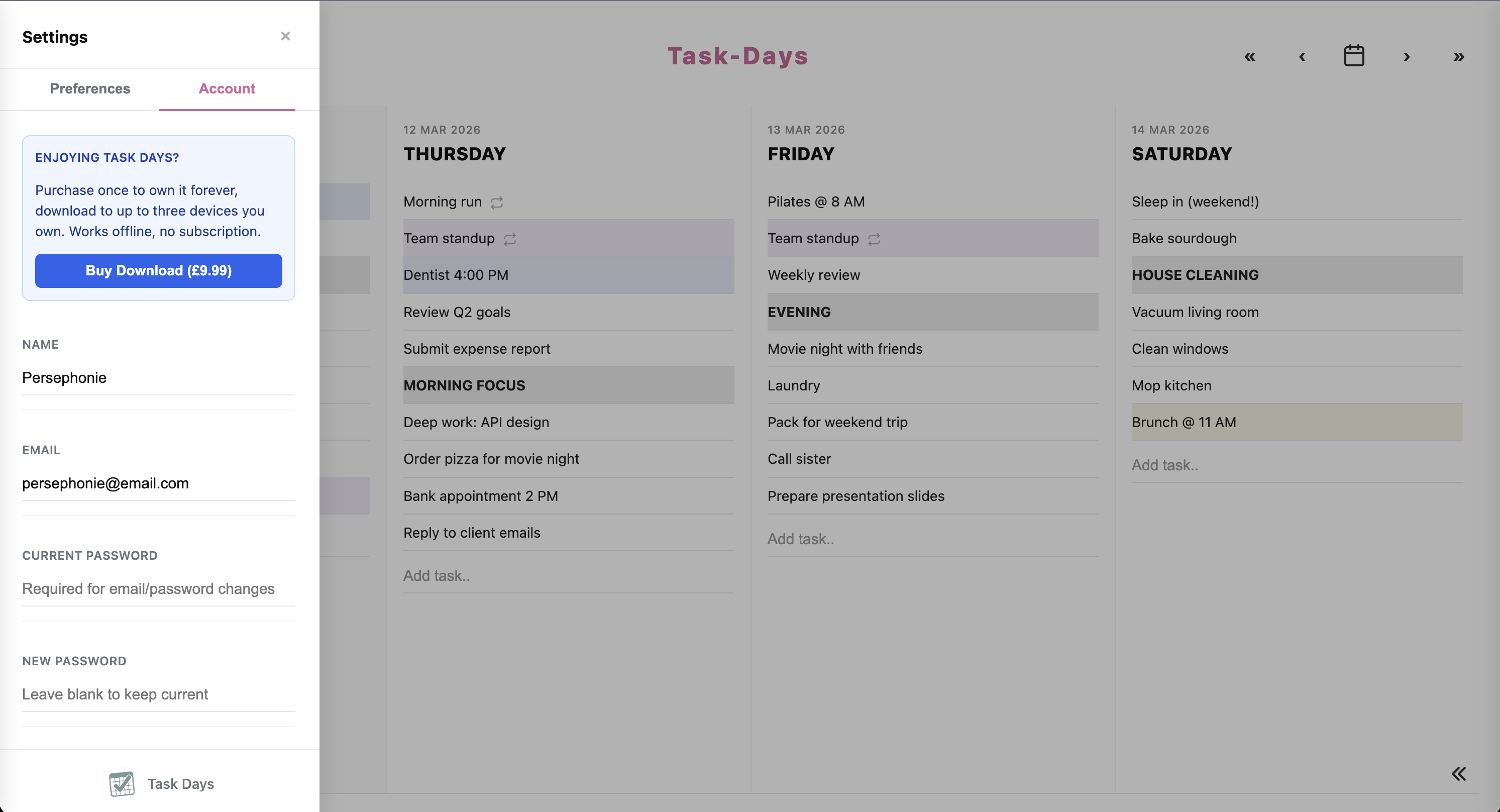 Account page and download