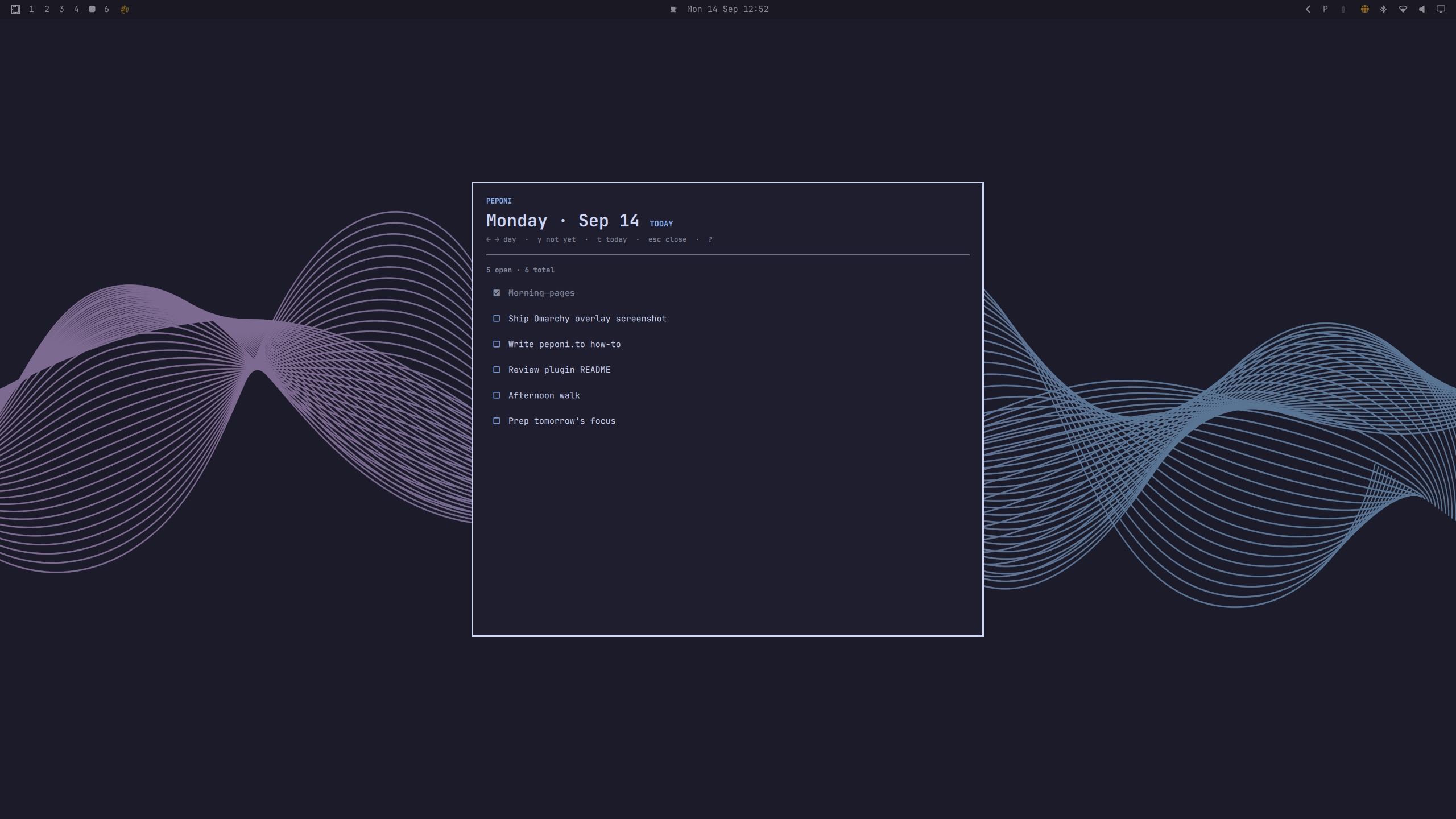 Peponi One Day overlay on Omarchy Linux, focused day view with Not Yet drawer