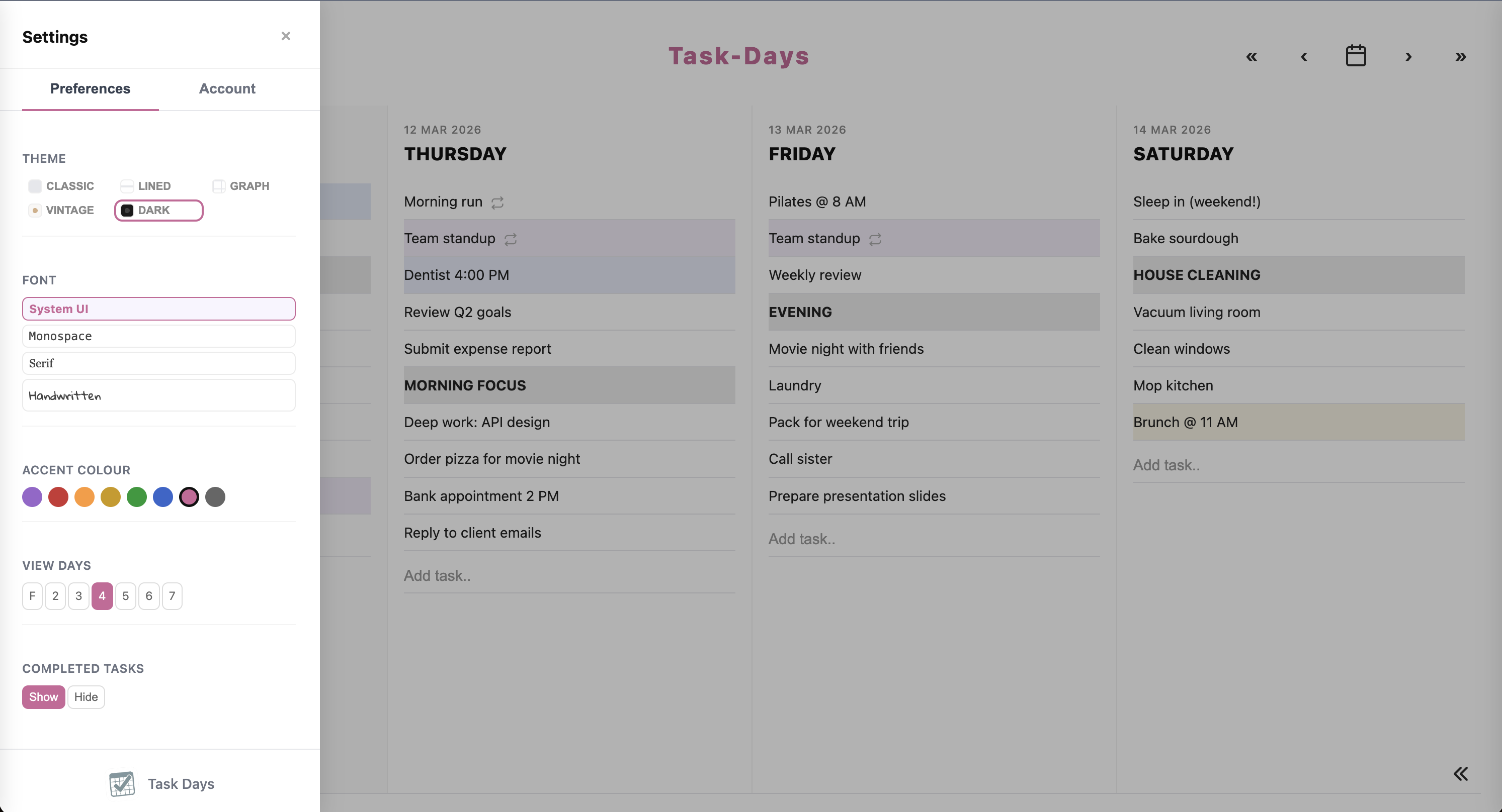 View days: Focus, 2, 4, or 7 days